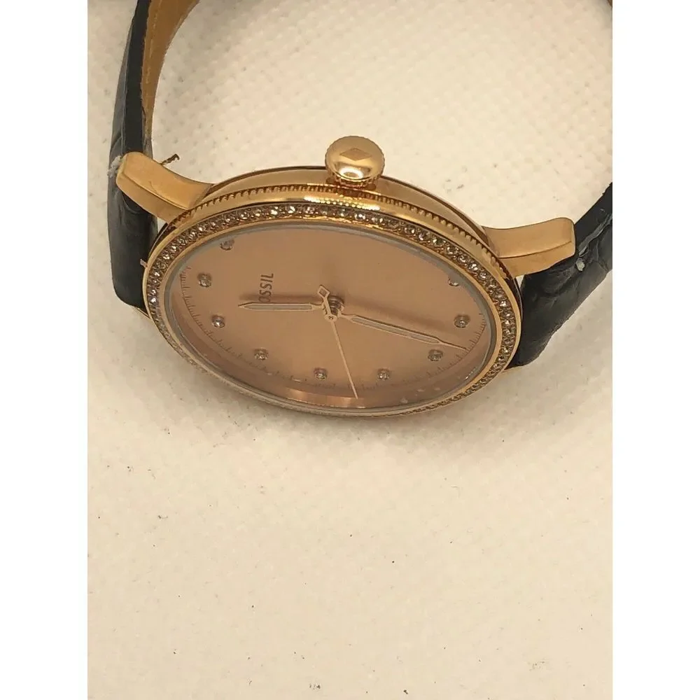 Fossil ES4365 Womens Black Leather Analog Rose Gold Dial Quartz Wrist Watch KS18